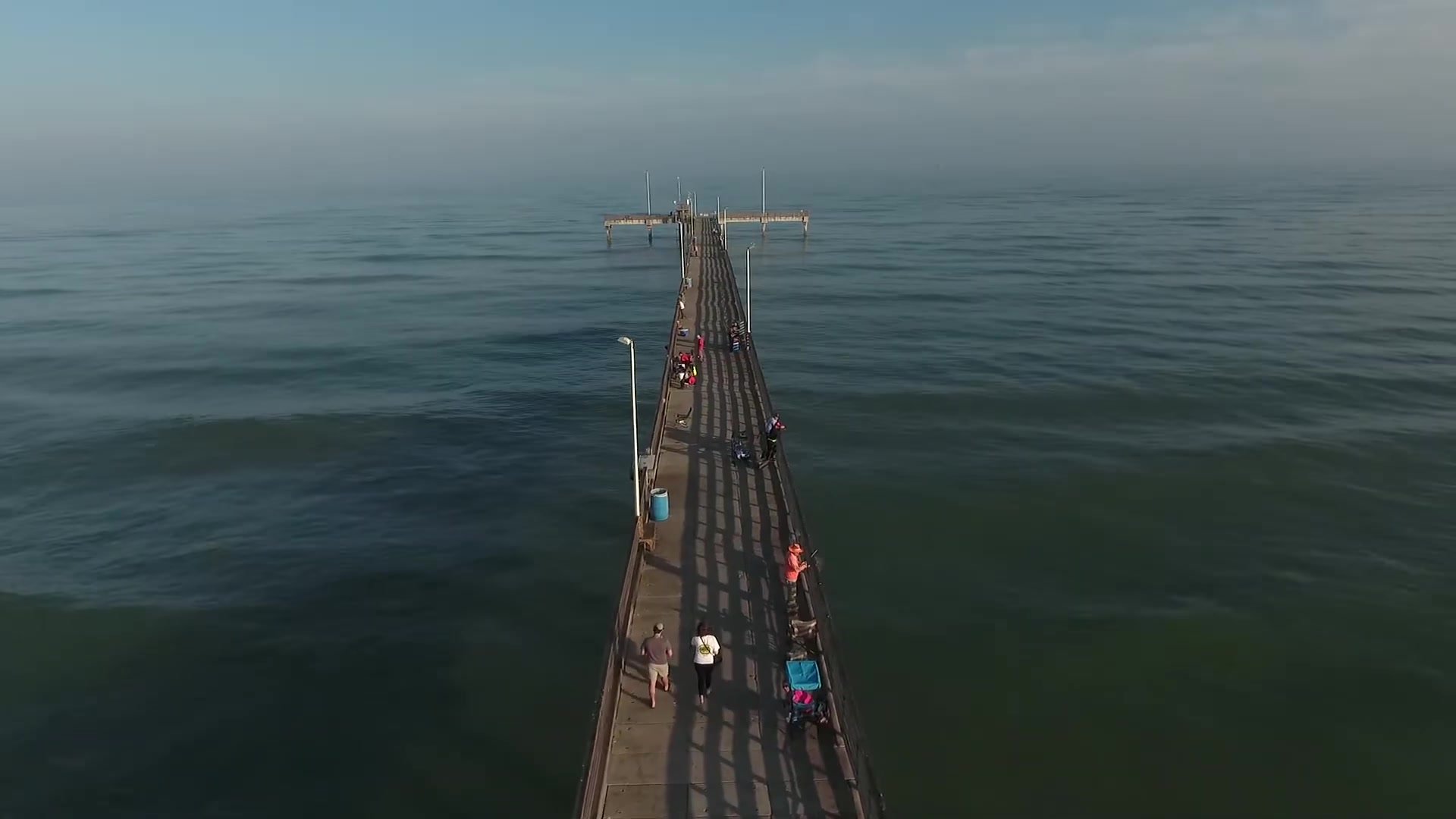 Aerial view of anglers on Bob Hall Pier stretching into the Gulf, Padre Island, Texas